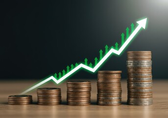 A visual representation of financial growth with a rising arrow and coin stacks.