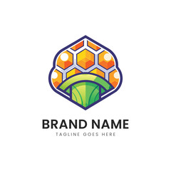 A vibrant and modern logo design featuring hexagonal patterns and a stylized shell, showcasing a blend of orange, yellow, and green colors for a fresh brand identity.