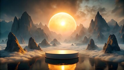 Serene Sunrise: Golden Hour Product Display Platform in Misty Mountain Landscape