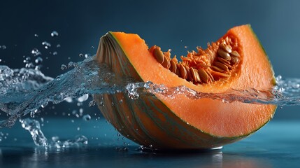 Fresh cantaloupe slice with water splash showcases vibrant colors and freshness