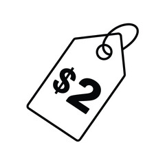 Simple black and white icon of a price tag showing two dollars