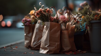 Floral Delights: A Collection of Flower-Filled Paper Bags on a City Street