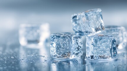 Ice Cubes on Glossy Surface with Cool Blue Tone