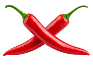 Twin Red Chili Peppers Crossed in an X Shape, isolated on transparent background