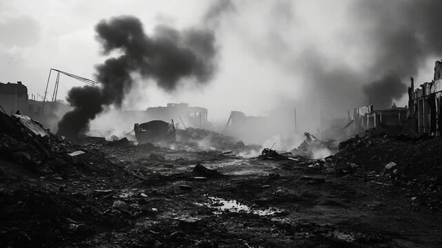 Devastated urban landscape after a conflict with smoke and destruction aftermath