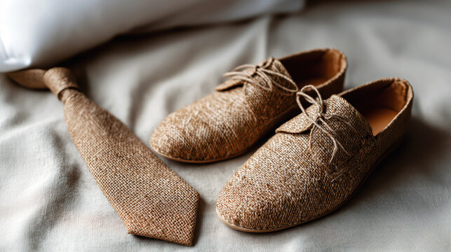 Handwoven bast shoes and burlap necktie on coarse linen backdrop with organic textures and warm earthy color scheme