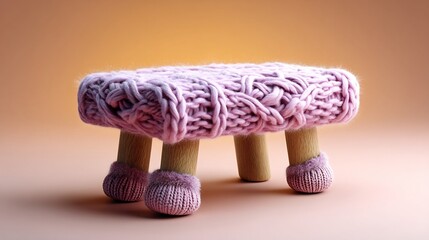 Handmade knitted stool with wooden legs and soft pink details on a light background