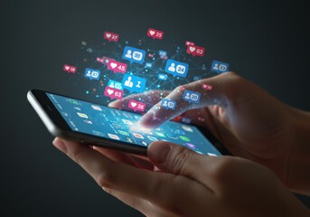 Close-up of a person's hands using a smartphone with floating social media icons.