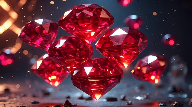 Cluster of Shiny Red Rubies Floating Above Surface with Sparkling Particles and Reflections in Dramatic Lighting and Dark Background

