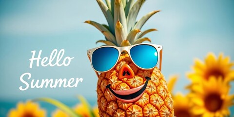 A cheerful pineapple wearing sunglasses, "Hello Summer" inscribed nearby, tropical fruit, illustration