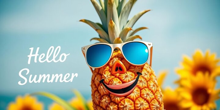 A cheerful pineapple wearing sunglasses, "Hello Summer" inscribed nearby,  tropical fruit,  illustration