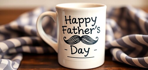 A coffee mug with a "Happy Father's Day" label and a whimsical mustache drawn on it, drinkware, photography