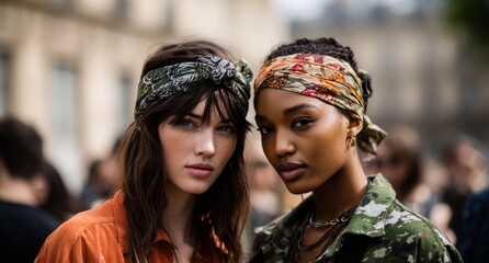 Obraz premium Two diverse young women wearing patterned headbands standing outdoors in urban setting