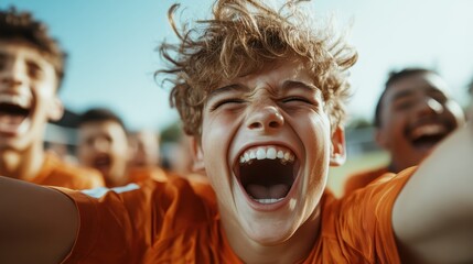 A vibrant image of excited young athletes celebrating their sports victory, capturing the essence of teamwork, passion, and the exuberance of youth in sports culture.
