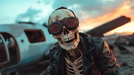 A quirky image of a skeleton dressed in a leather jacket and aviator goggles, set against an abandoned backdrop, blending humor with a unique sense of adventure and style.