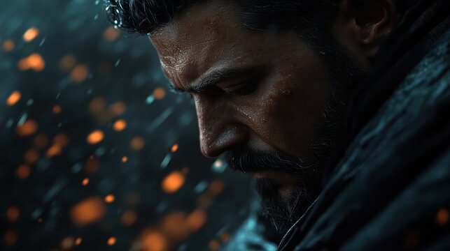 A close-up image of a rugged man in a dark, rain-soaked environment, capturing raw emotion and intensity as raindrops fall, enhancing the dramatic mood of the scene.