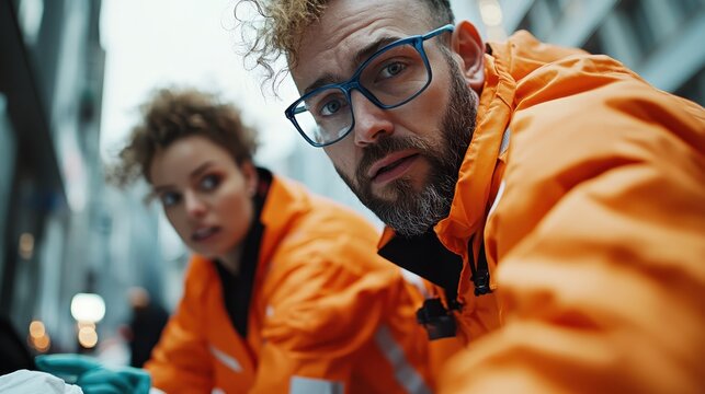 The image showcases medical professionals in orange gear attending to a scene in an urban environment, illustrating the urgency and dedication of emergency medical services.