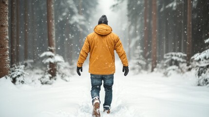 A person in a bright yellow jacket navigates through a serene snow-covered forest, symbolizing adventure and the beauty of winter's tranquil landscapes.