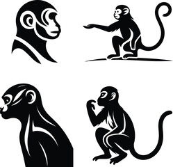 A Collection of Stylized Monkey Illustrations in Black and White