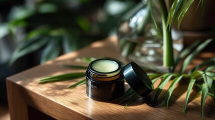 Organic skincare product on wooden table with green plants in natural light