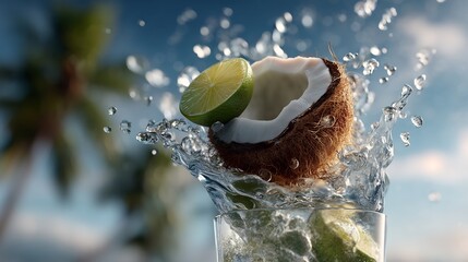 Refreshing tropical cocktail with coconut and lime in a glass with water splash