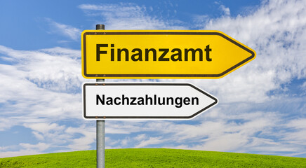Zwei Wegweiser zeigen in die gleiche Richtung mit der Aufschrift Finanzamt und Nachzahlungen
