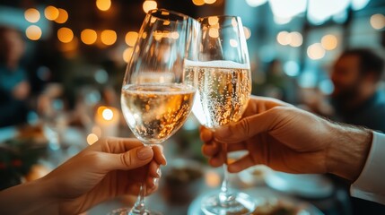 Two glasses of sparkling wine are clinked together in a toast at a festive gathering, embodying the joy of celebration, camaraderie, and special moments shared with loved ones.