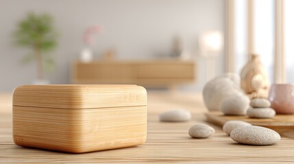 Minimalist bamboo box in light wood with sliding lid on a softly blurred zen tea room background