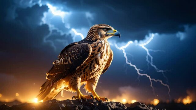 Majestic hawk perched on a rock with striking lightning illuminating the dramatic sky behind