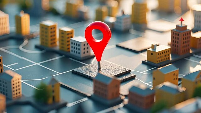 3D Map with Red Location Pin Surrounded by Miniature Buildings and Streets in Abstract Urban Navigation and GPS Interface Concept

