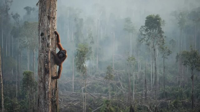 Orangutan clinging to a tree trunk in a ravaged forest displaying habitat destruction
