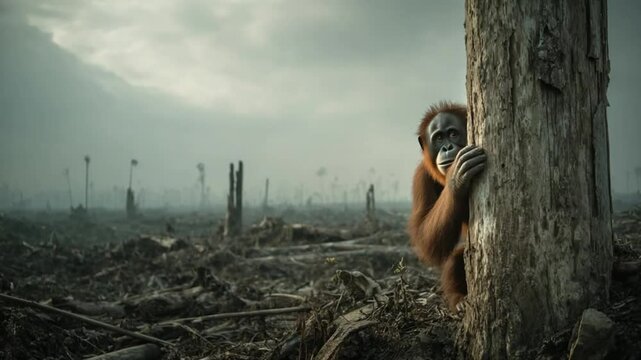 Heartbreaking scene of an orangutan amidst deforestation, highlighting conservation needs