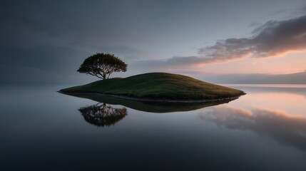 Serene island oasis with a lone tree reflecting in calm water at sunset