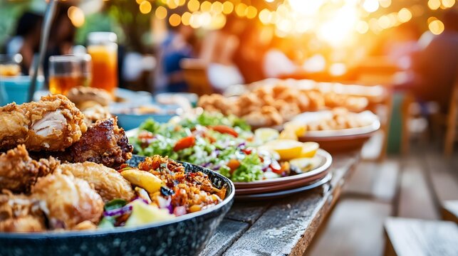 Fried Chicken and Summer Salad on Outdoor Table at Sunset with String Lights perfect for BBQ party flyers, picnic-themed ads, southern food features and summer lifestyle campaigns