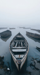 Obraz premium Antique Wooden Boats in Misty Morning