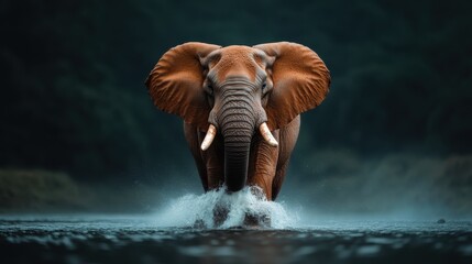 A magnificent elephant confidently walking through water, displaying its grandeur and elegance, representing nature's strength and beauty in a serene environment.