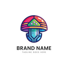 Colorful, futuristic robotic mushroom logo with vibrant hues of red, blue, and green, showcasing a blend of nature and technology in a sleek, modern design.