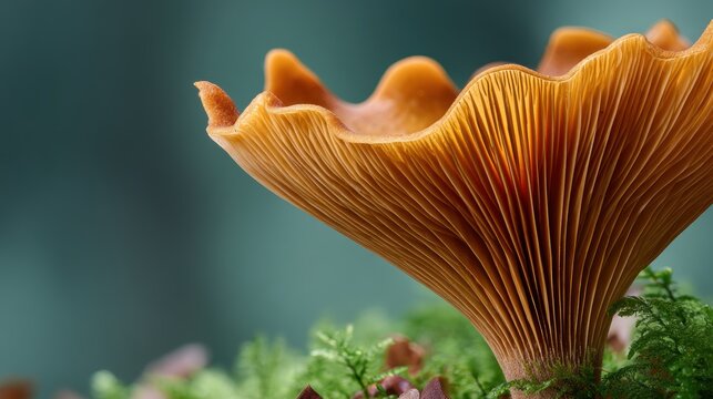 Mushroom gill underside close-up on softly blurred forest ground