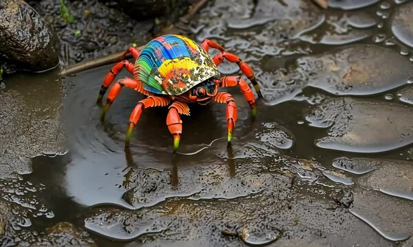 Vibrant colorful crab in a muddy puddle