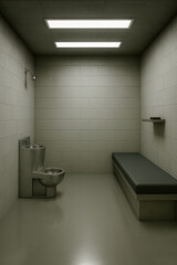 Empty prison cell with fluorescent lights metal toilet and simple bed representing incarceration solitude punishment and institutional environment

