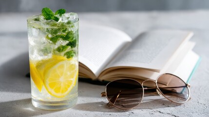 Refreshing lemon drink with mint and ice in a clear glass next to sunglasses and an open book on a sunlit surface – perfect summer relaxation concept