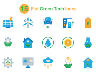 Flat vector icon set illustrating green technology themes including solar panels, wind turbines, electric vehicles, recycling, and smart grid, ideal for sustainability-focused designs.