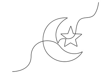 One line drawing of crescent moon and star minimalist ramadan vector design
