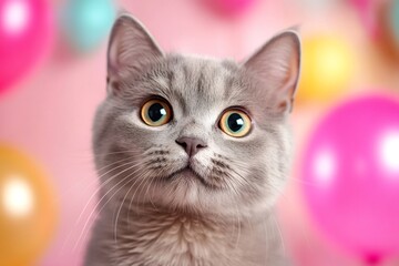 Adorable grey cat posing with colorful balloons in the background