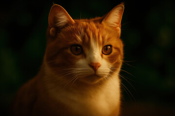 Close up portrait of orange and white tabby cat with soft lighting and focused gaze representing domestic feline beauty curiosity and peaceful pet moment