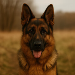 Close up portrait of alert German Shepherd dog outdoors with tongue out and soft natural background representing loyalty intelligence and strong canine presence