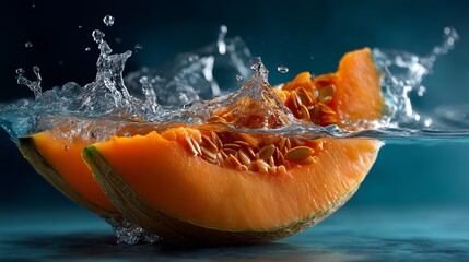 Vibrant cantaloupe slices plunge into refreshing water creating dynamic splashes