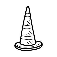 Road cone. Hand drawn doodle vector. Equipment for restricting dangerous sections of the road. Temporary fencing. Plastic object. Illustration line art element.