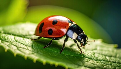 Obraz premium Ladybug resting on a vibrant green leaf illuminated by soft natural light
