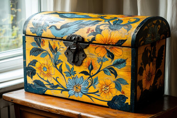 Ornate Hand-Painted Wooden Chest with Floral Design